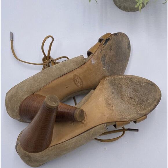 TOD'S Tan Cutout Leather Paneled Two Toned Suede Cone Heeled Sandals Sz 39/US 8 - Picture 9 of 13